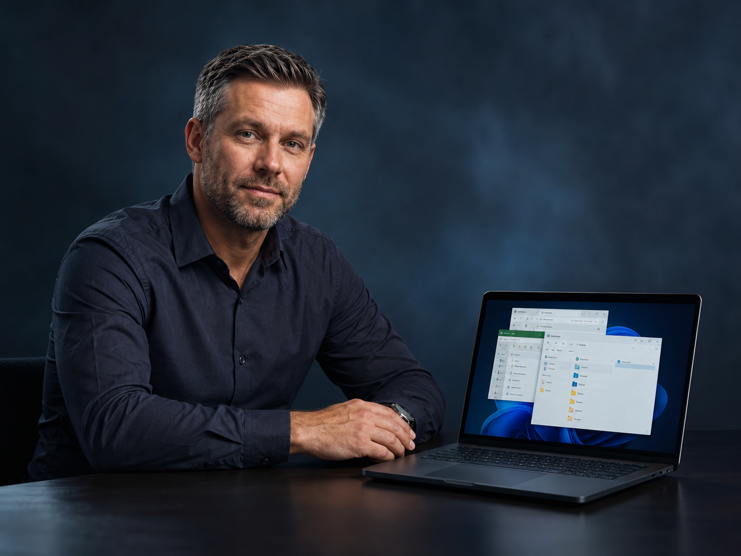 Professional Windows PC user beside a laptop showing everyday open windows